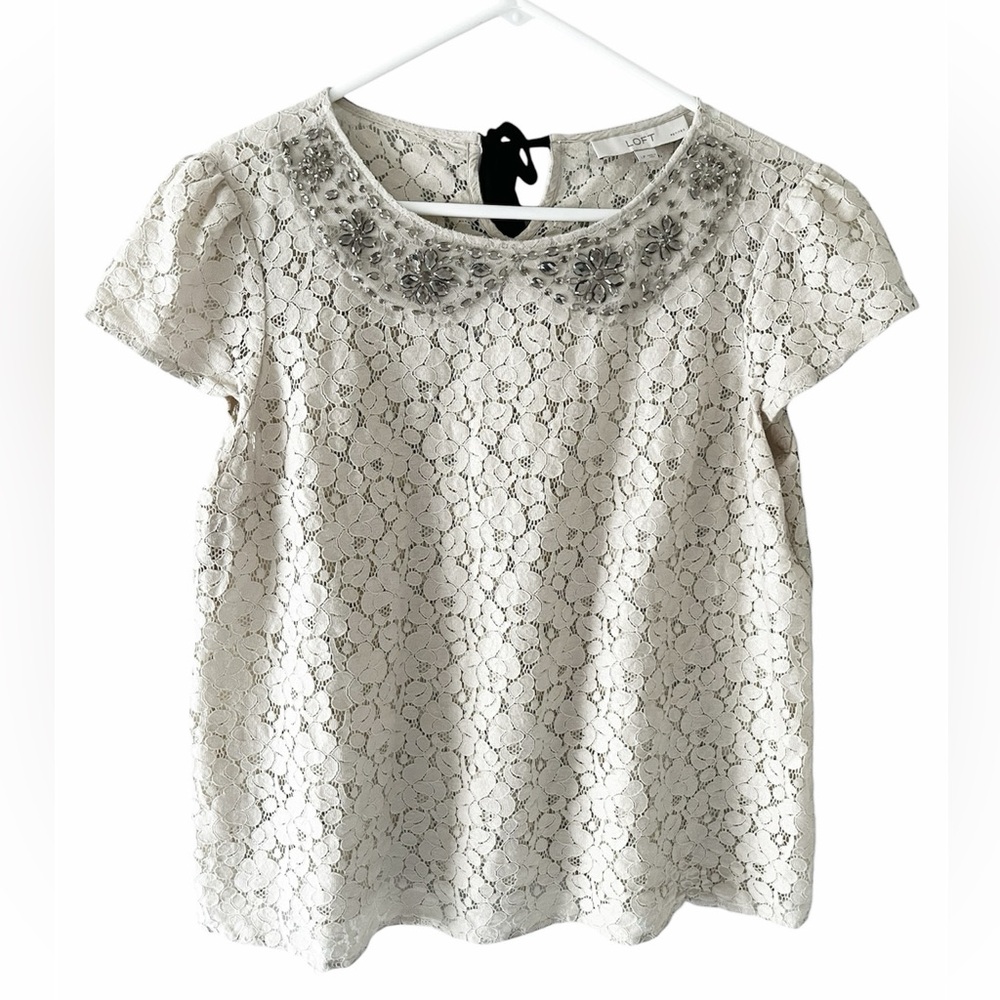 LOFT Peter Pan Jeweled Neckline Lace Top Size L Petite